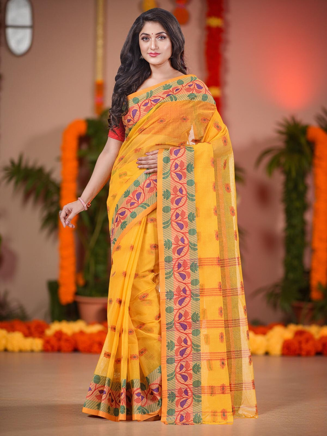 Image of TANTLOOM Woven, Embroidered Bandhani Handloom Pure Cotton, Georgette Saree