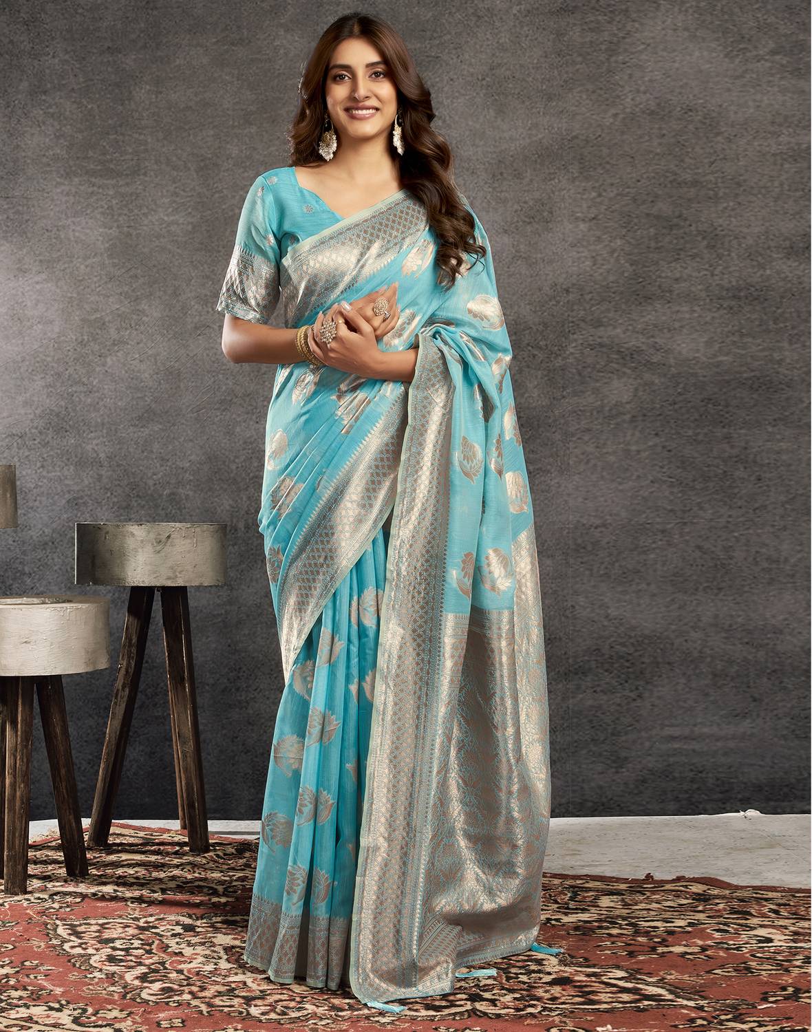 Satrani Dyed, Woven, Embellished Chanderi Silk Blend Saree (Blue,