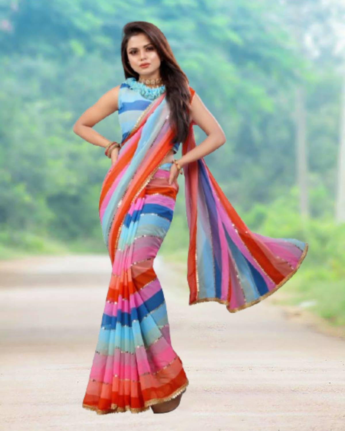 GAVUBAA Floral Print Bollywood Georgette Saree (Multicolor)