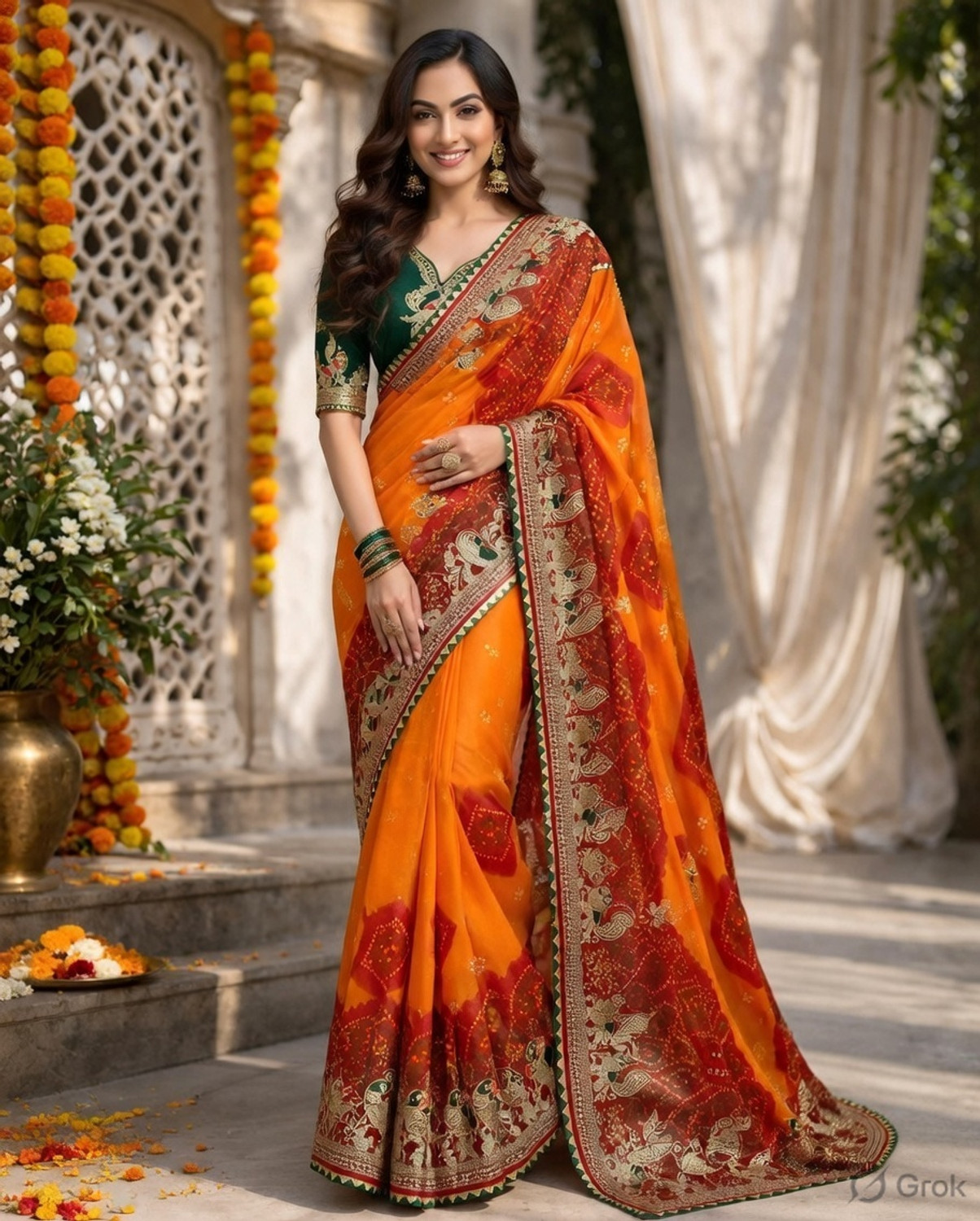 Image of MAA PARVATI NX Tie-Dye, Embroidered Bandhani Georgette Saree