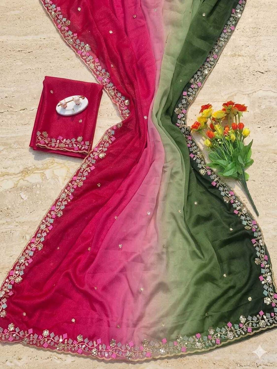 MEWAD KEASRI CREATION Ombre Embellished Georgette Saree - Image 4