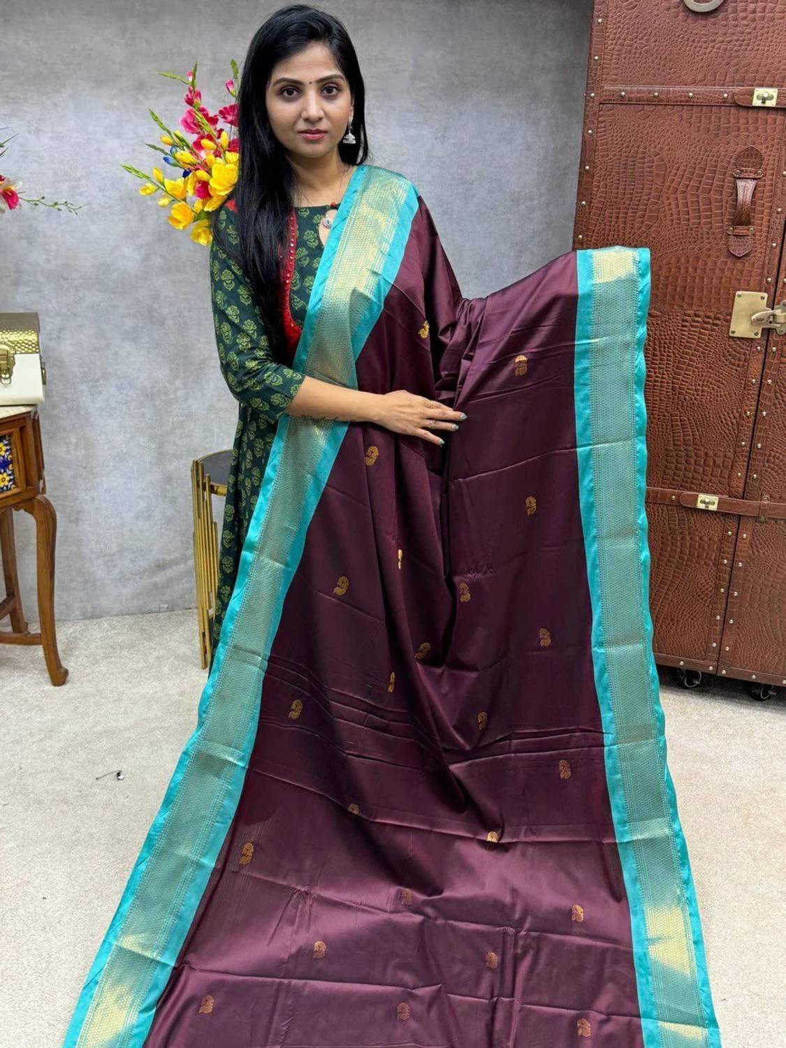 AWESOME Embellished Kanjivaram Silk Blend, Jacquard Saree