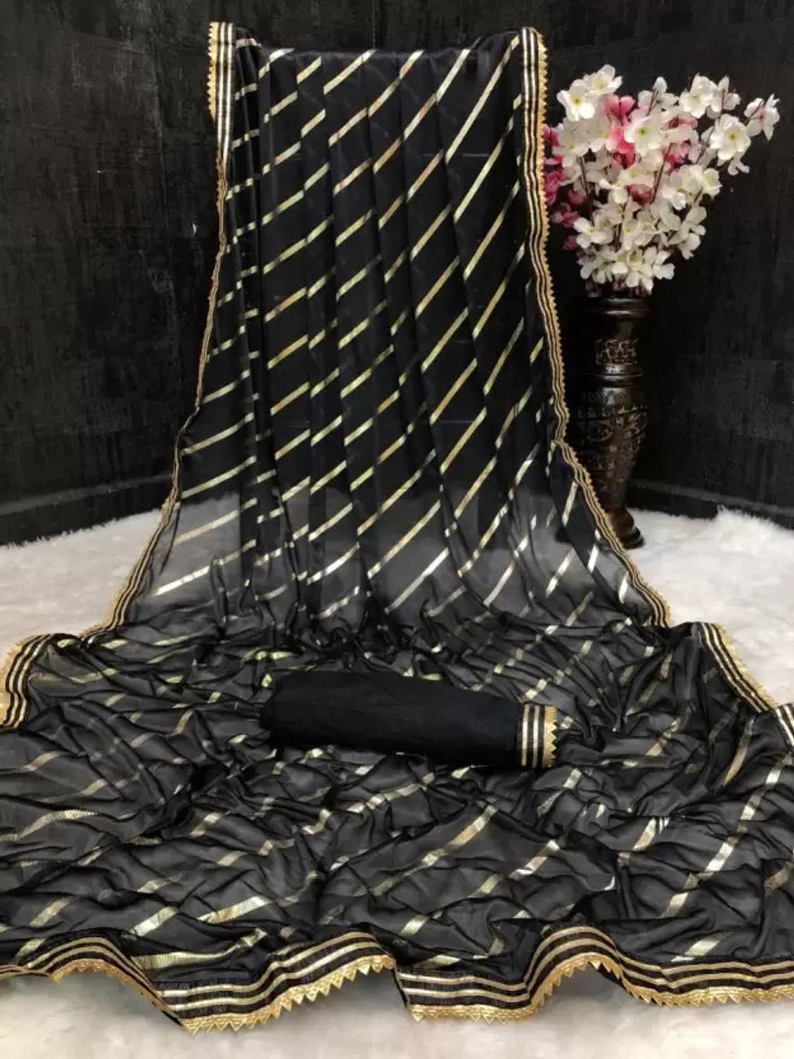 AMALAK Striped Bollywood Lycra Blend Saree