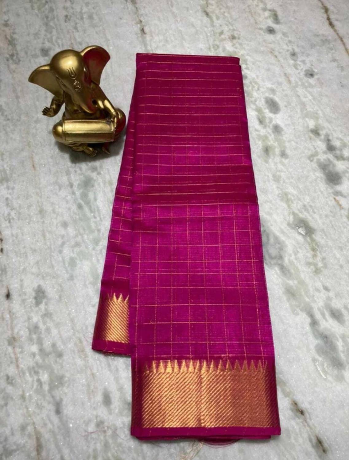 LinenIndia Woven, Checkered, Temple Border, Self Design Bhagalpuri Cotton Silk Saree