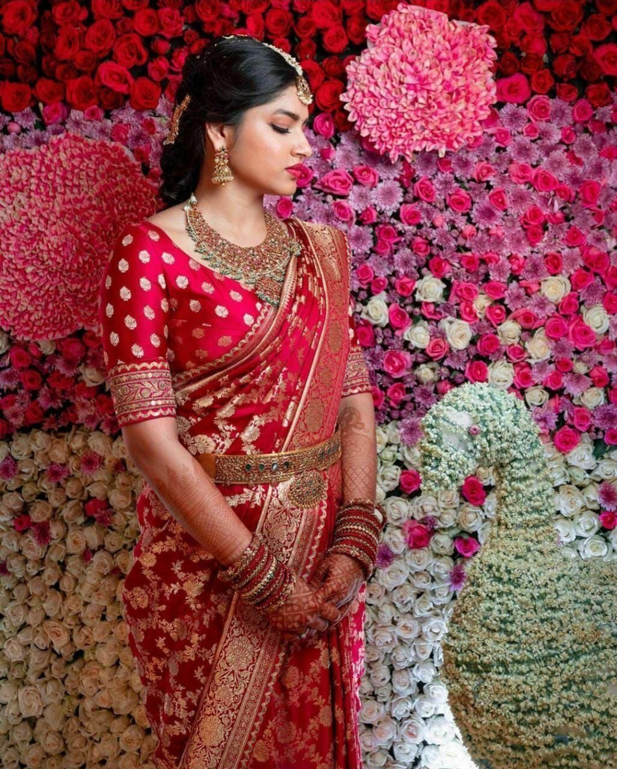 Image of PHEASANT Printed, Self Design, Paisley, Woven, Embellished, Applique Kanjivaram Jacquard, Art Silk Saree