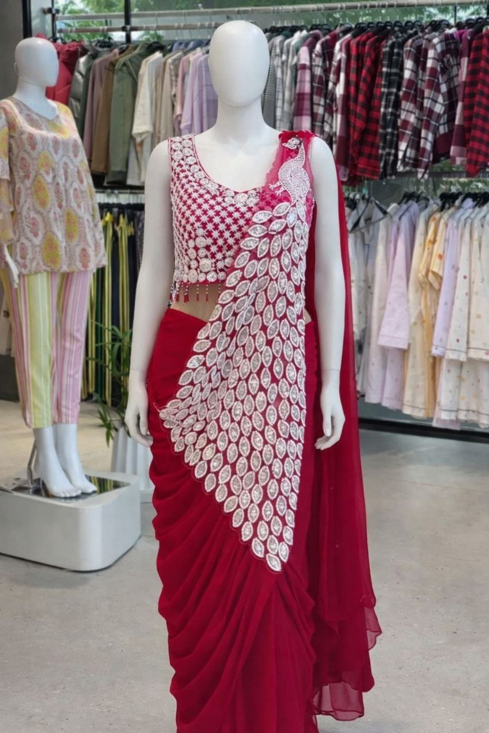 Image of VOAKT Embroidered, Embellished Pre Draped Saree Georgette Saree