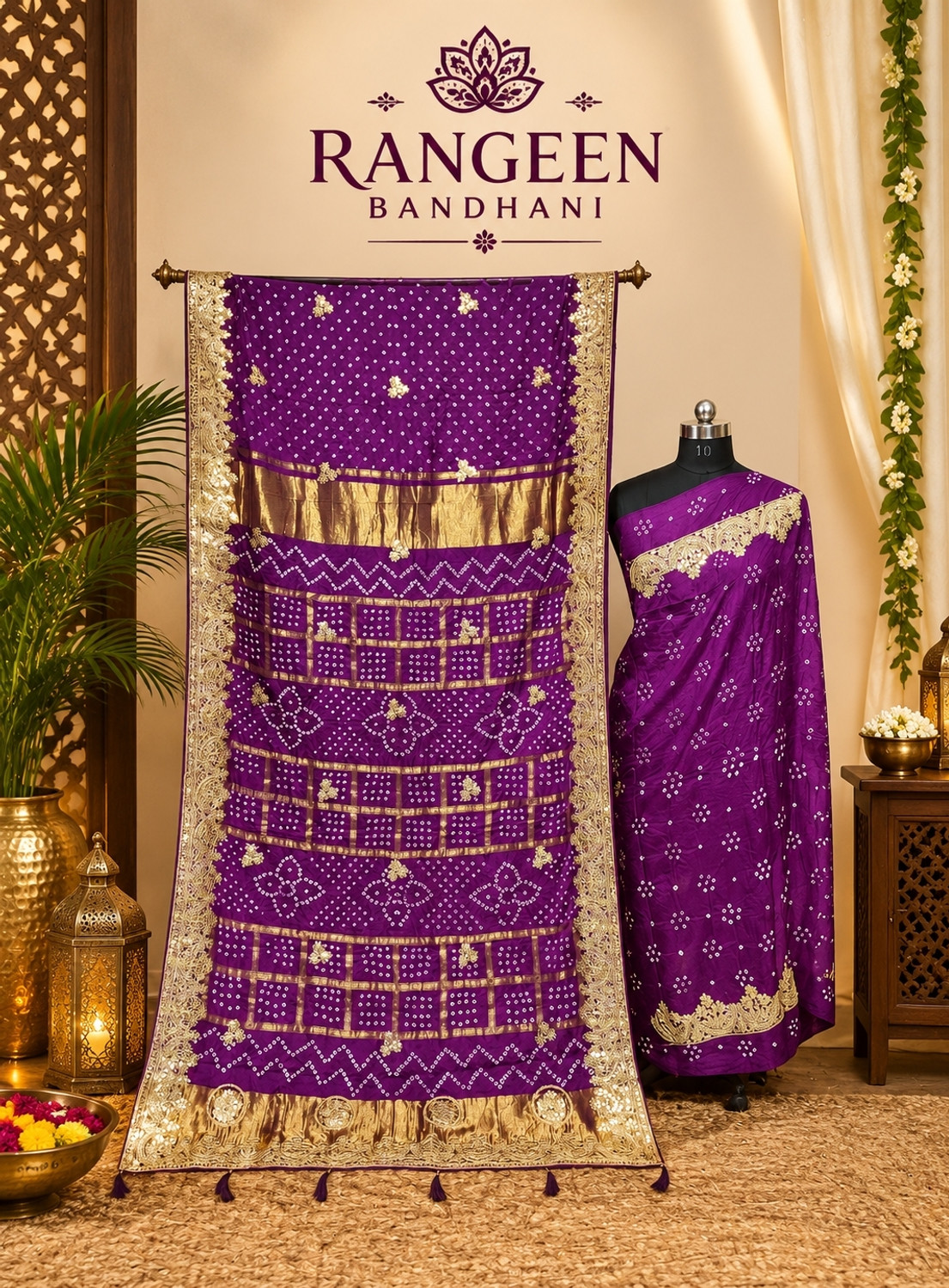 Image of RANGEEN BNADHANI Embroidered, Tie-Dye Bandhani Dupion Silk Saree (Purple)