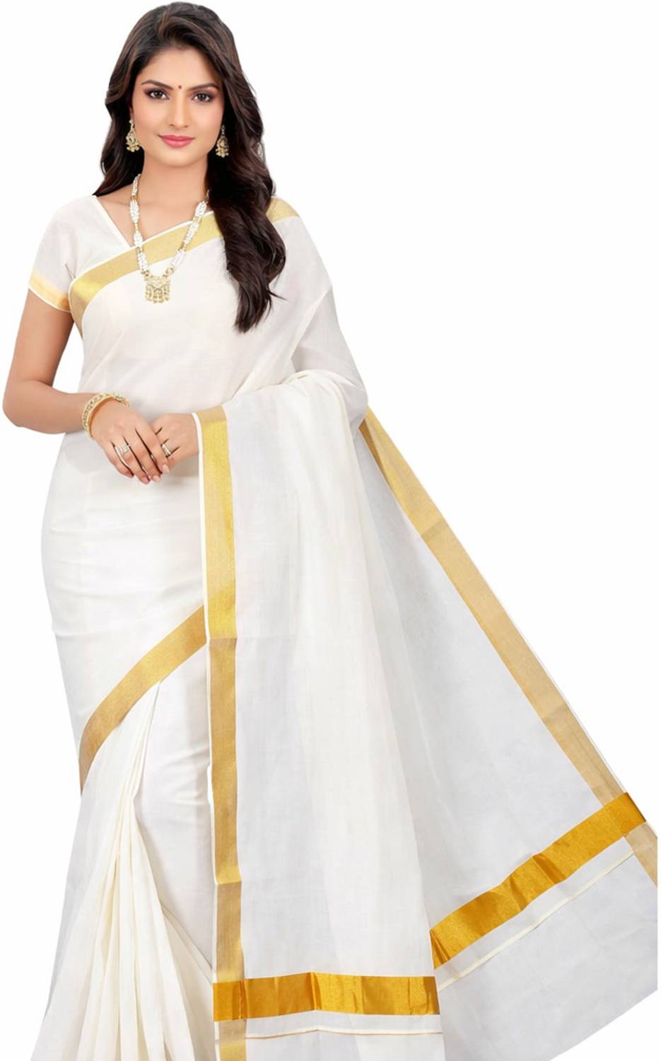 ANTIK Solid/Plain Kasavu Cotton Silk Saree