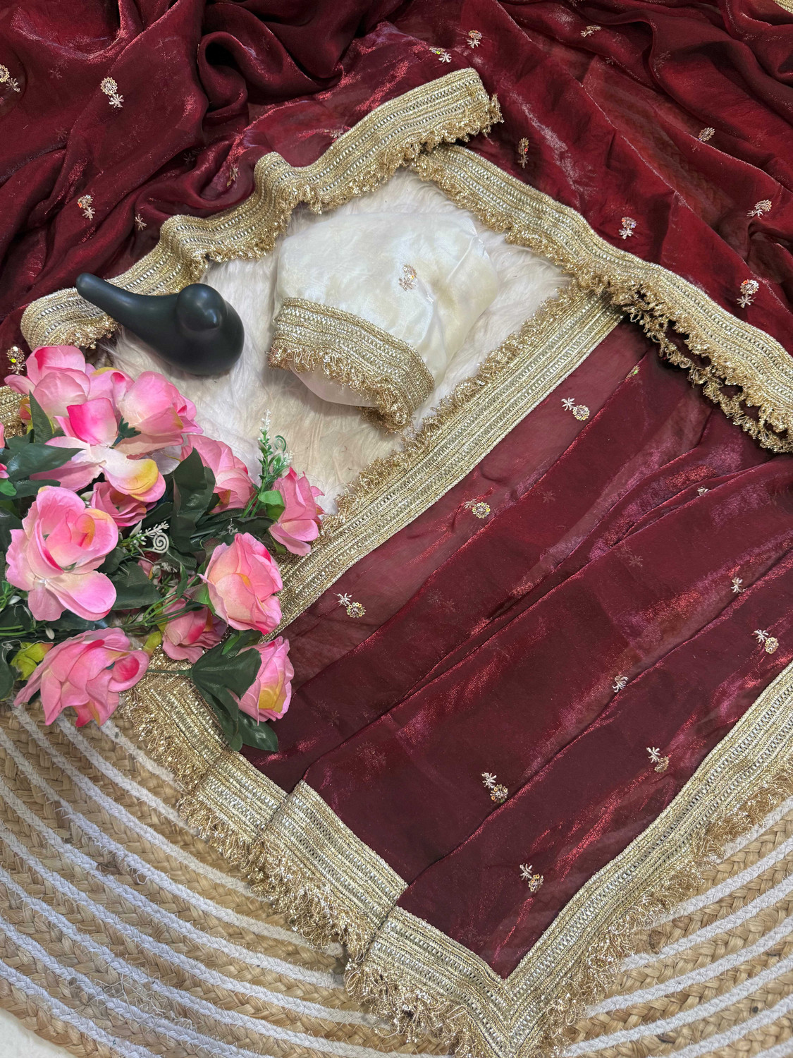 Image of sadika Embroidered, Embellished Bollywood Tissue, Pure Silk Saree