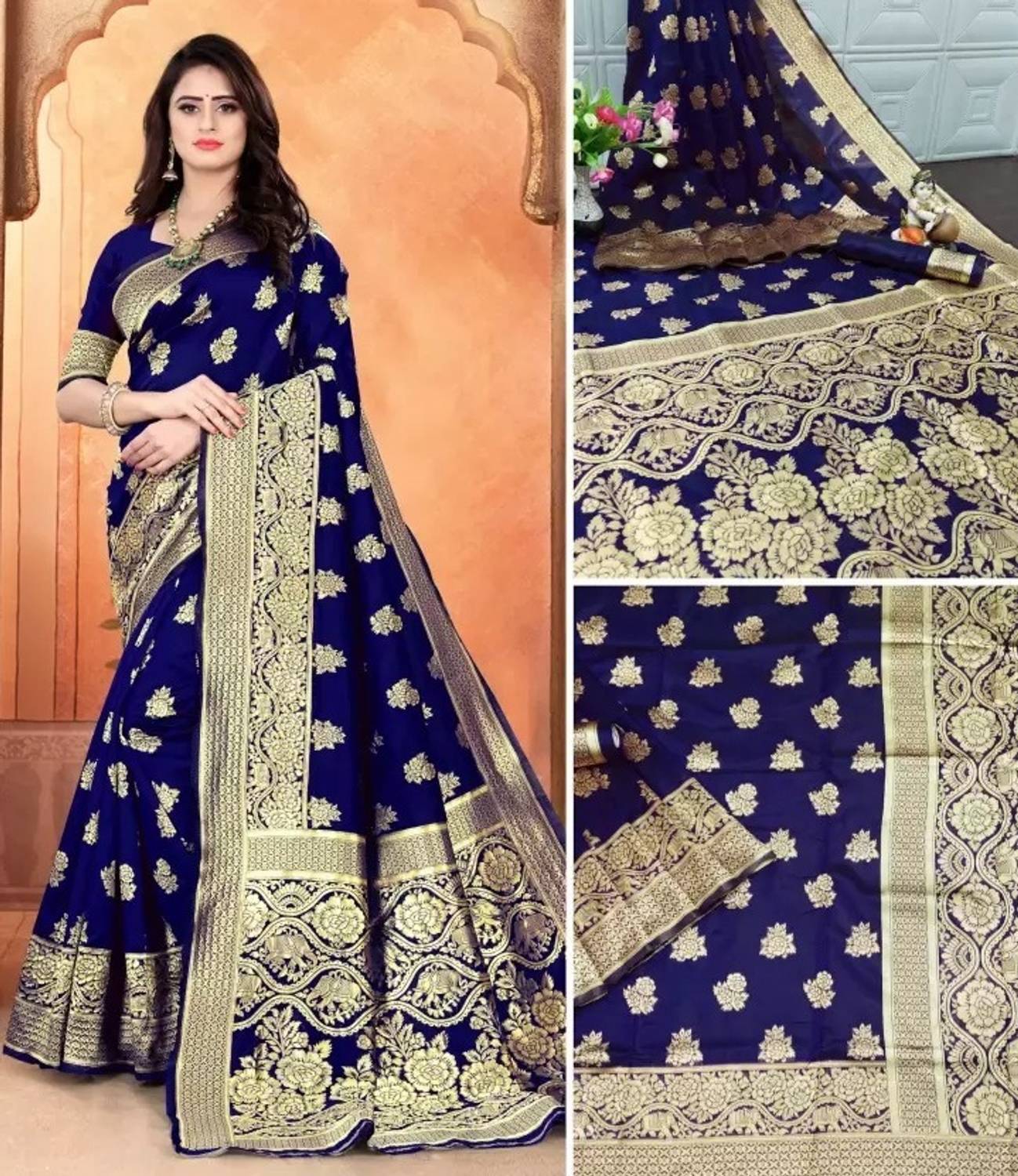 Aadvika Self Design Banarasi Cotton Blend, Pure Silk Saree