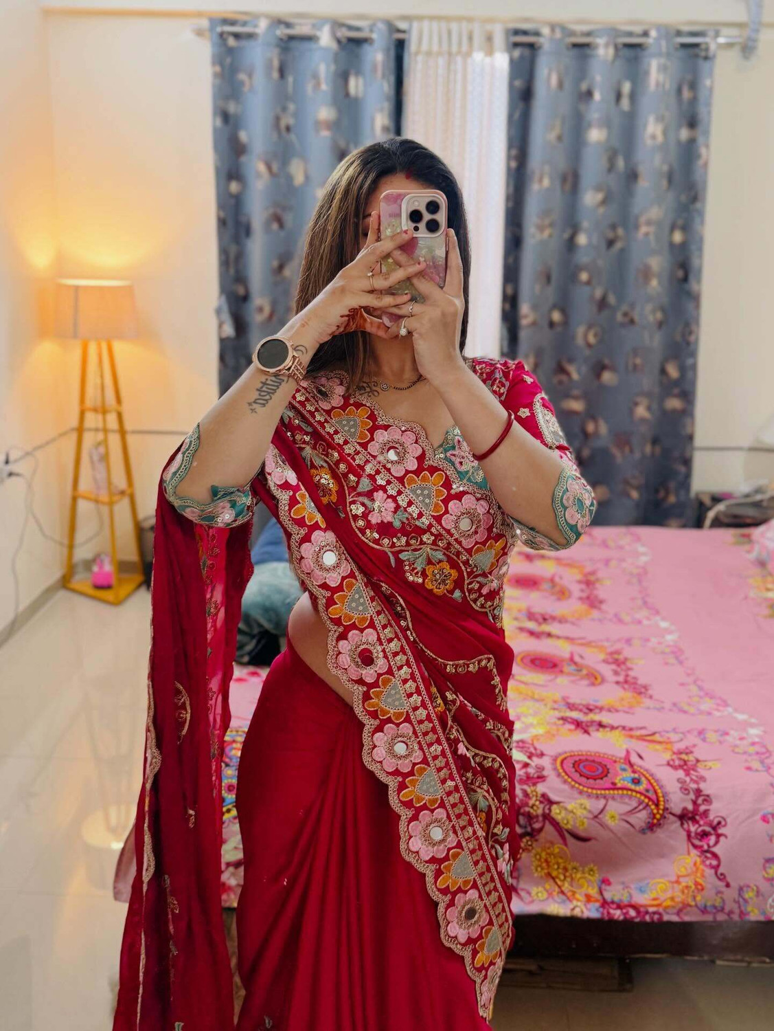 Image of Being Naari Embroidered Bollywood Silk Blend, Georgette Saree (Pink, Red)