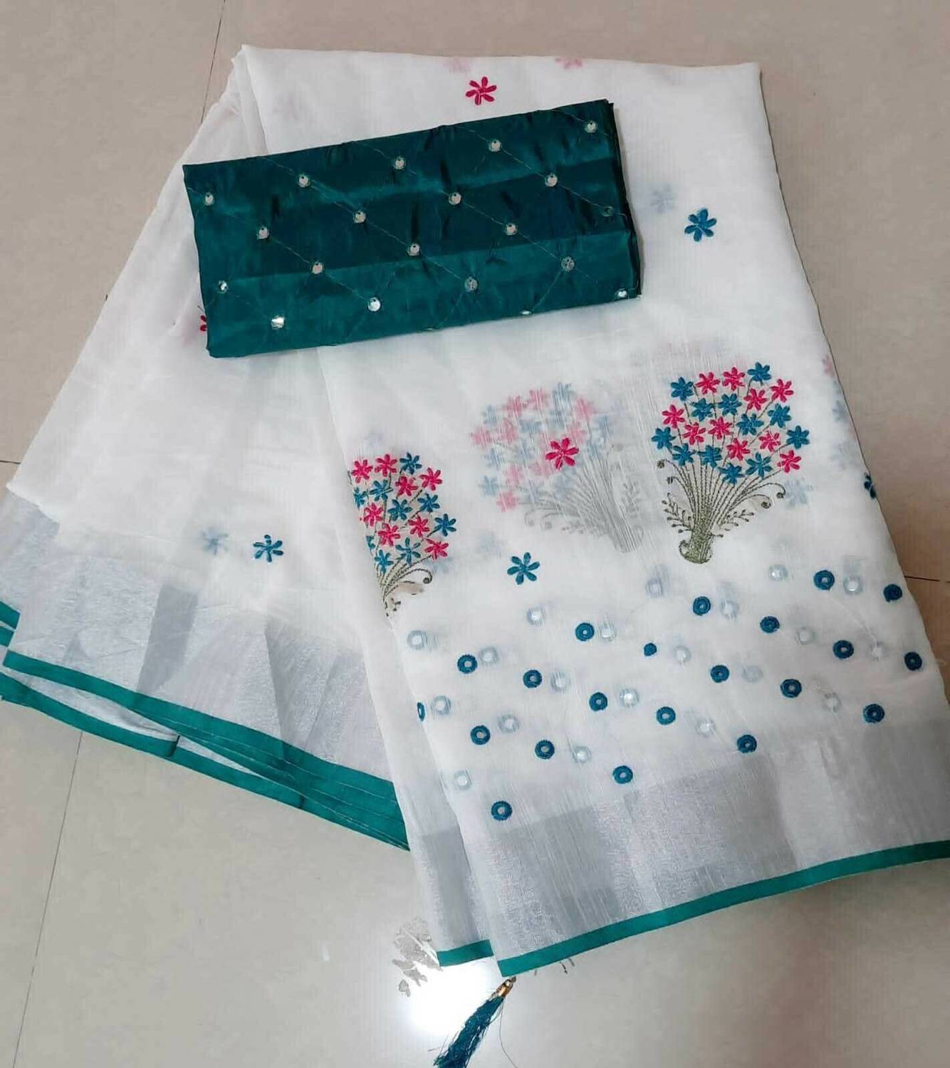 KRIVITY Embroidered Bollywood Cotton Linen Saree (White, Light Gr