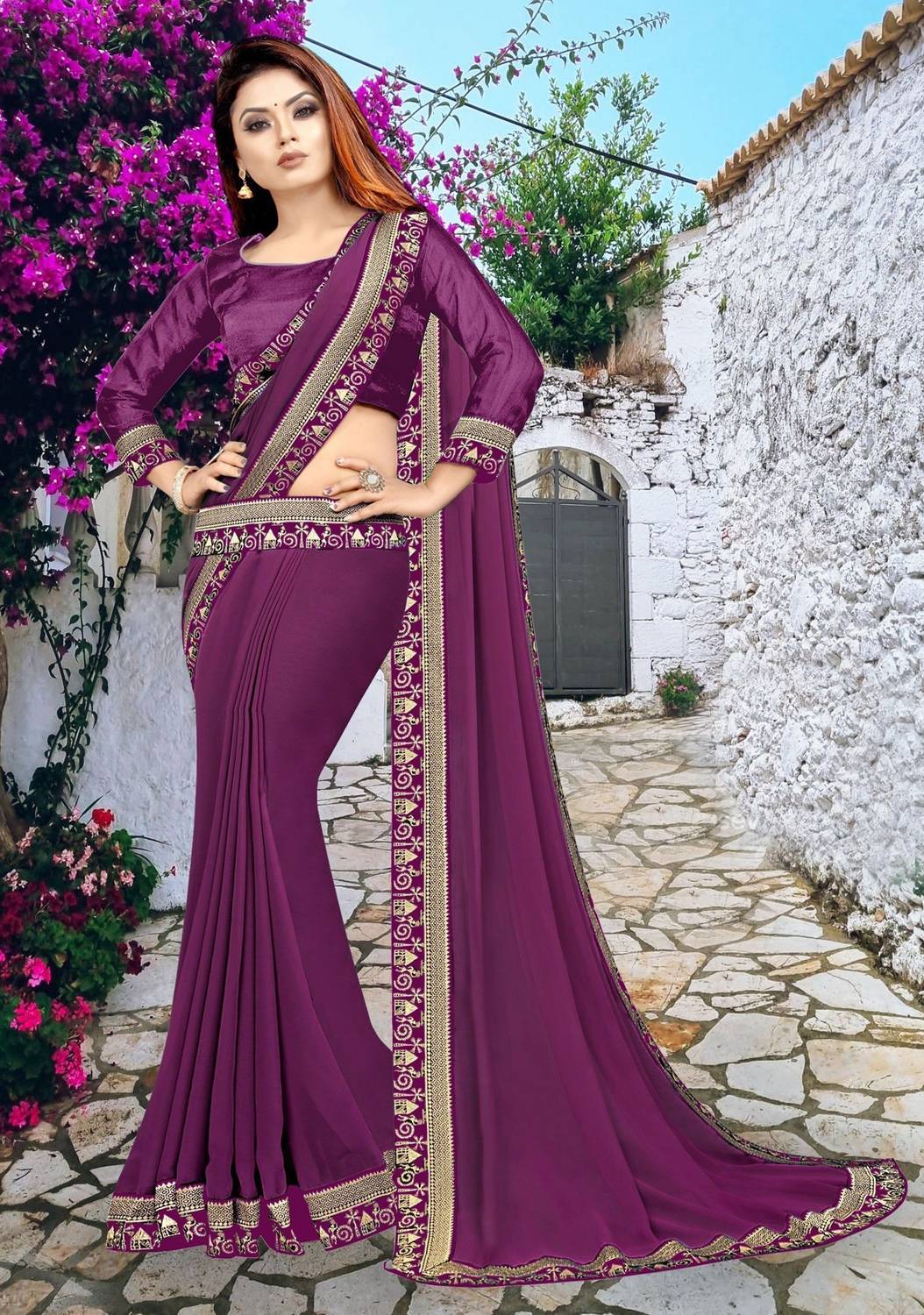 HNC Retail Solid/Plain Bollywood Lycra Blend, Chiffon Saree (Purp
