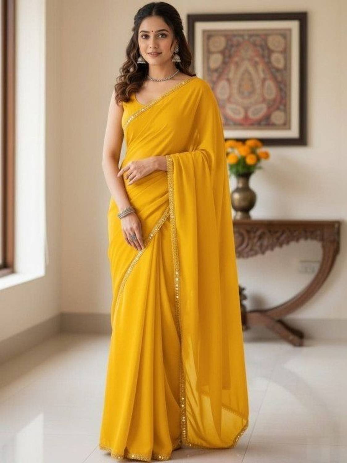 Indian Fashionista Solid/Plain, Embellished, Dyed Bollywood Georgette Saree