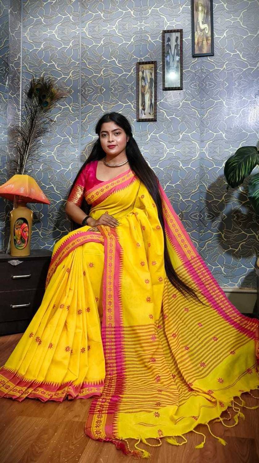 Damudar sarees Woven Handloom Cotton Blend Saree (Yellow)