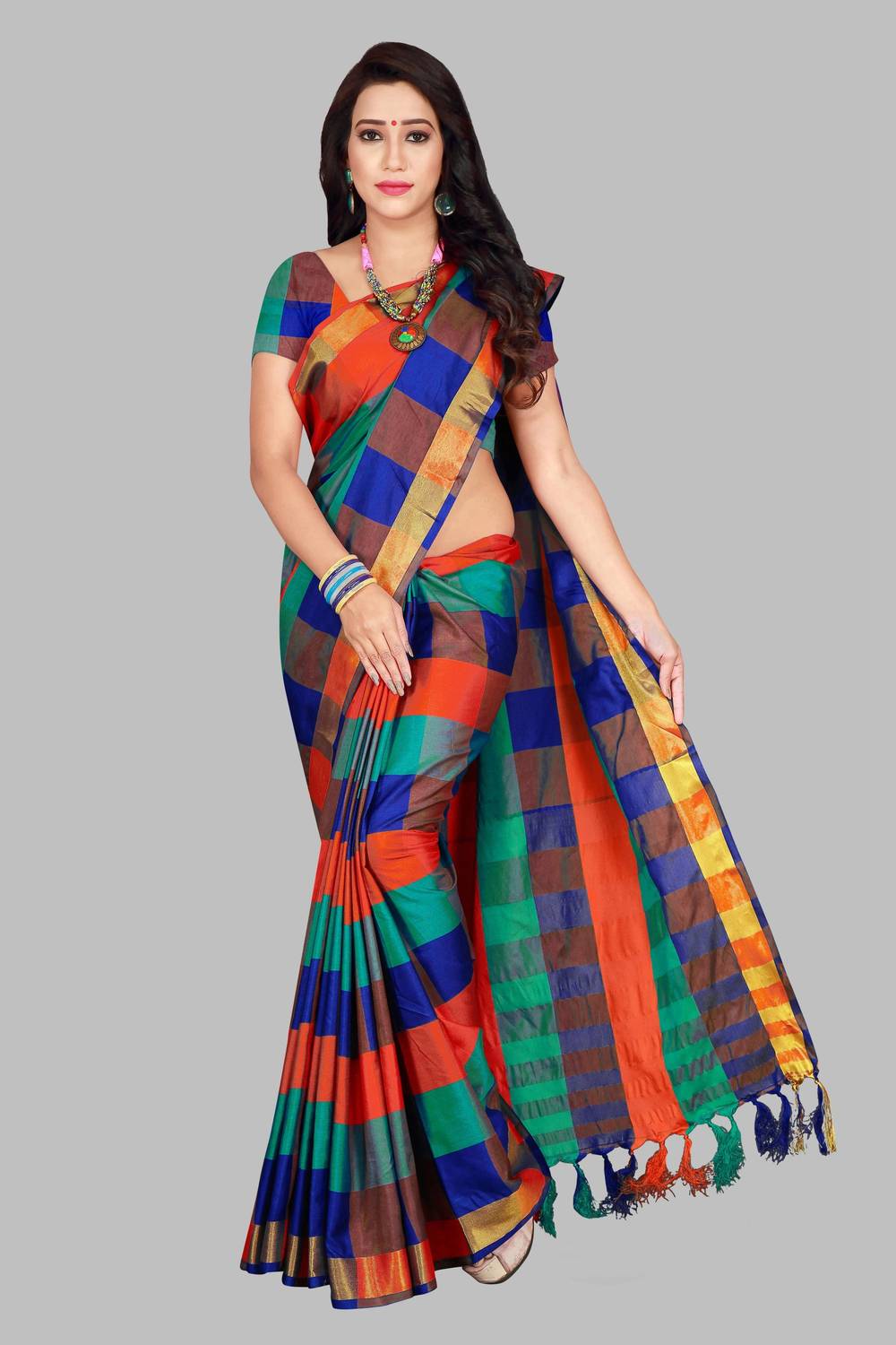 Shaibo saree Checkered Daily Wear Cotton Silk Saree (Multicolor)