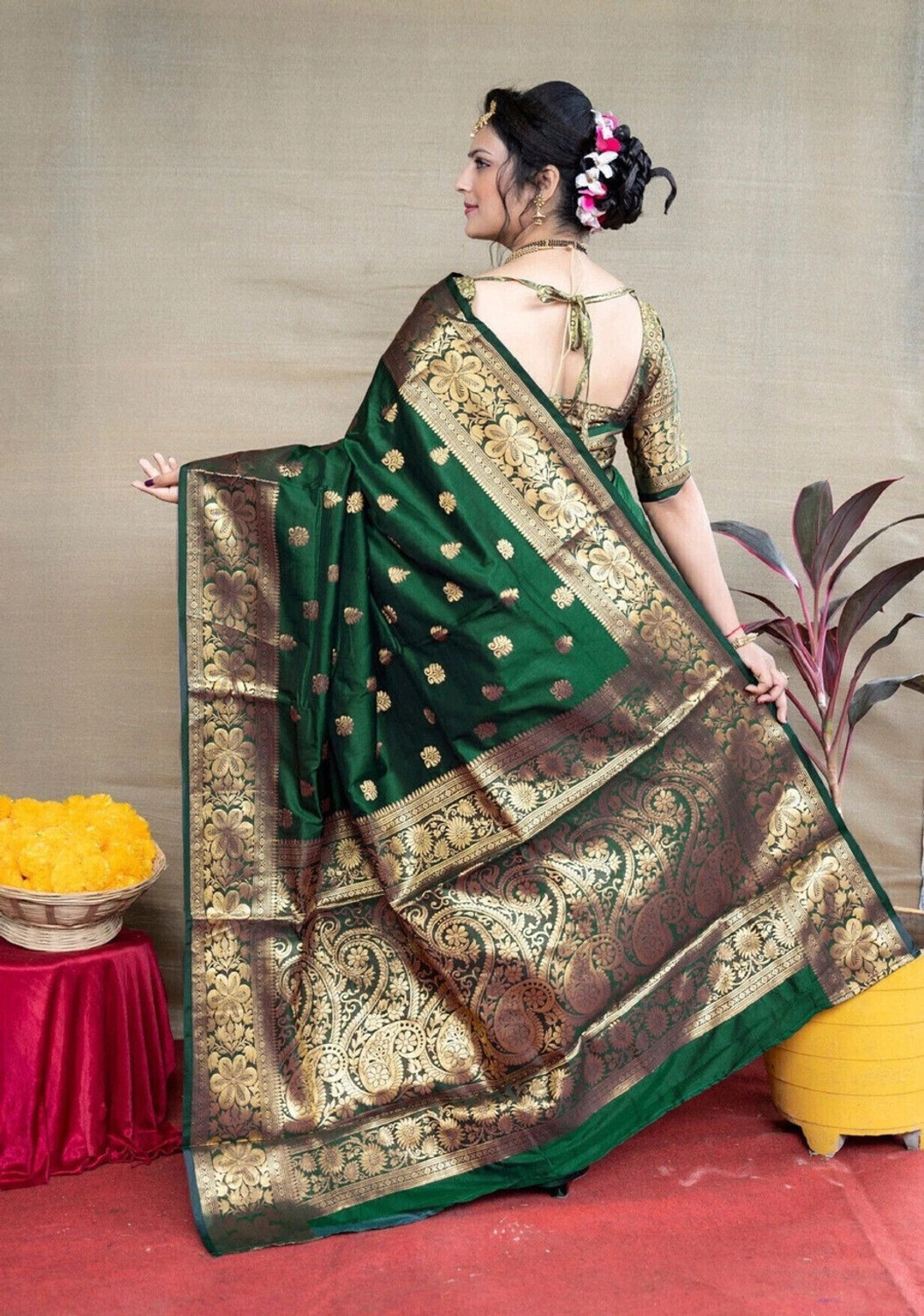 Image of GajGajra Digital Print Banarasi Cotton Silk, Jacquard Saree