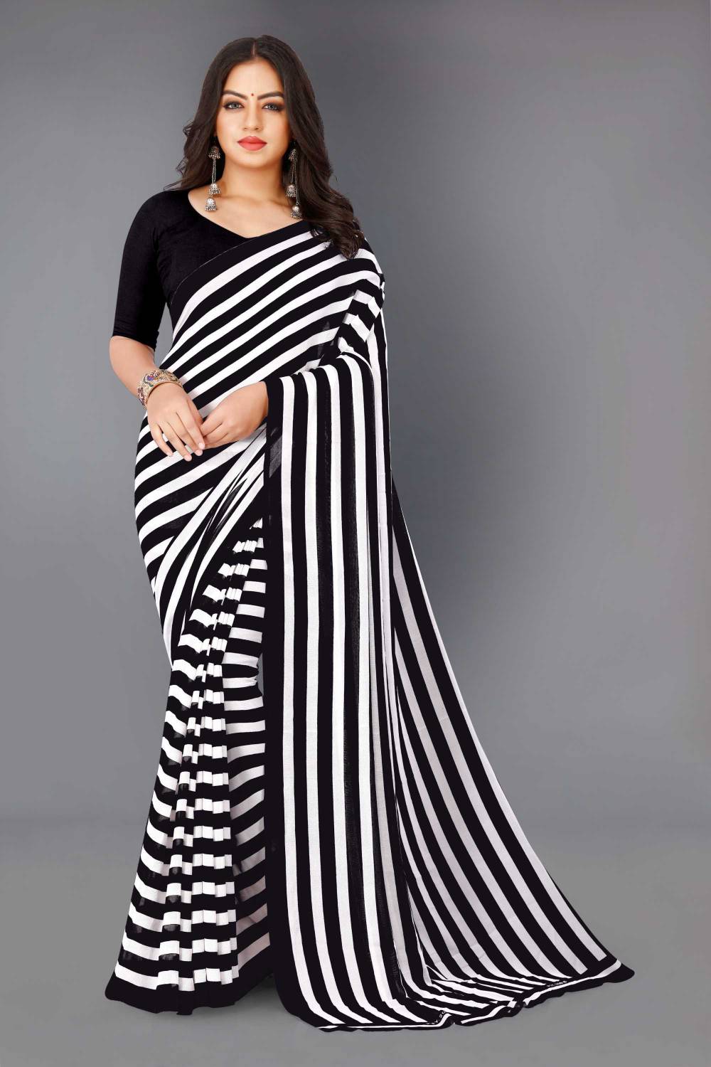 AMBUJAINTERNATIONAL Striped Bollywood Georgette Saree