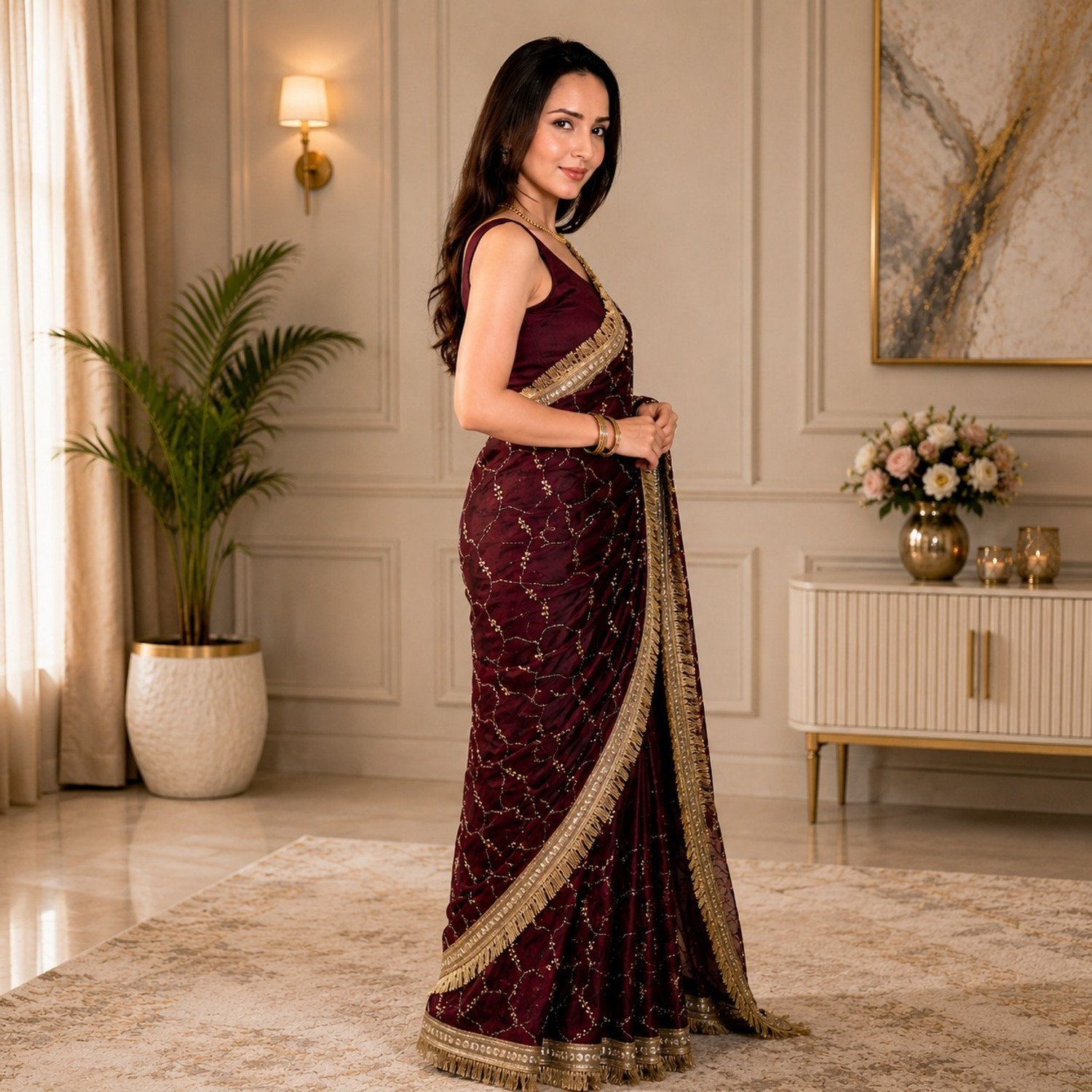Image of ARTSUTRAA Embroidered Bollywood Pure Silk Saree (Maroon)