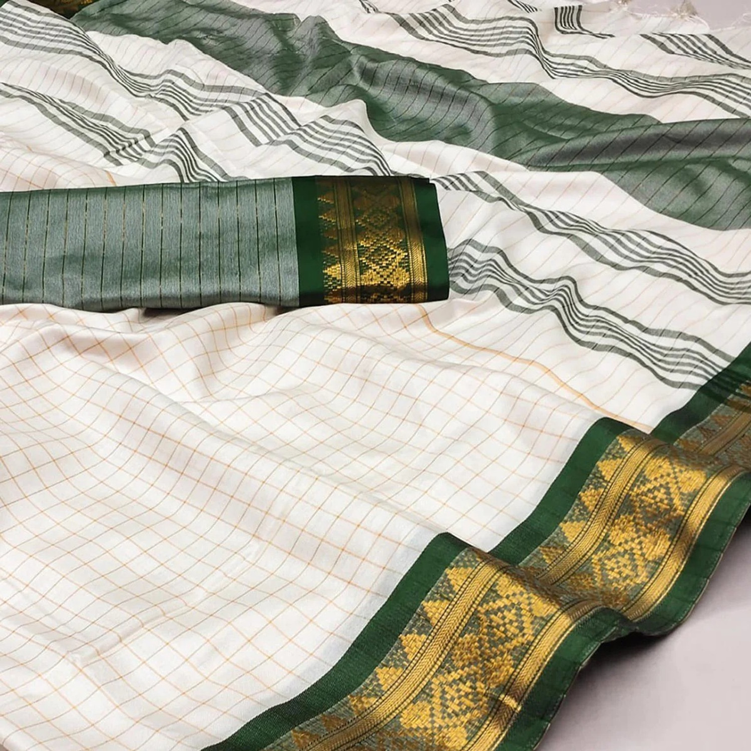 Image of FashionPallavi Woven, Embellished, Self Design, Striped Baluchari Cotton Silk, Jacquard Saree