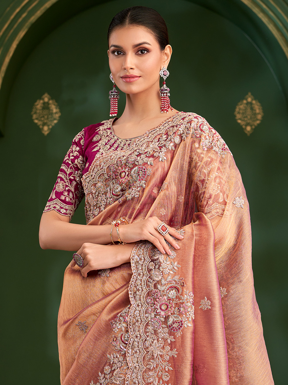 Image of House of Pataudi Embroidered, Floral Print, Self Design Bollywood Tissue Saree