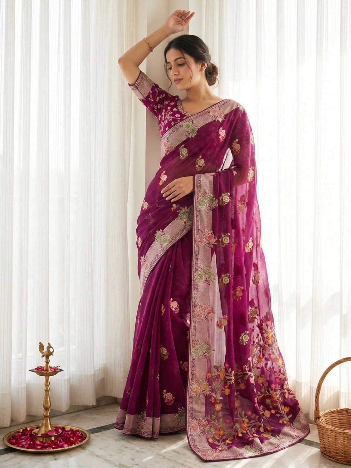 Image of Peachmode Floral Print Bollywood Chiffon Saree