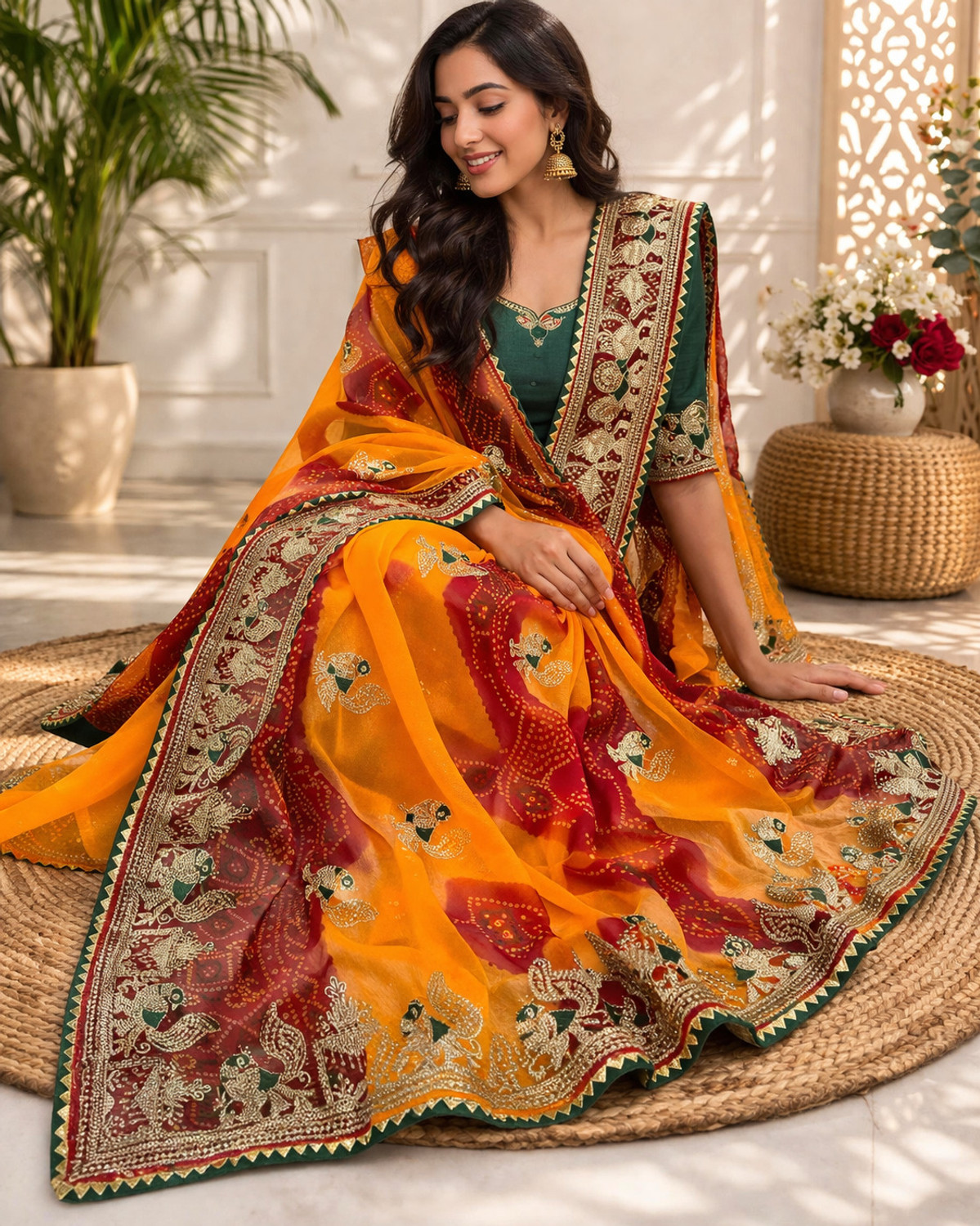 Image of MAA PARVATI NX Tie-Dye, Embroidered Bandhani Georgette Saree
