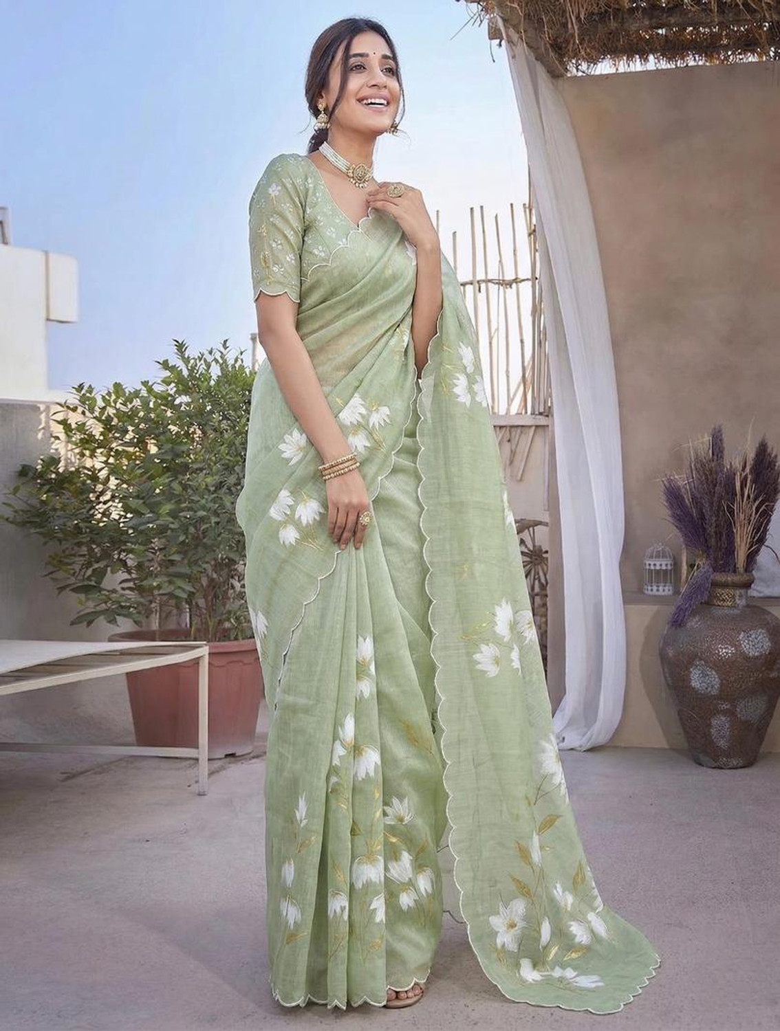 Image of parakhiya fab Printed Daily Wear Cotton Linen Saree
