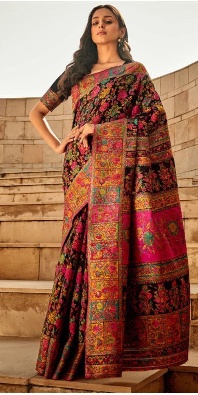 Image of FABKIND Floral Print Banarasi Cotton Silk Saree (Multicolor)