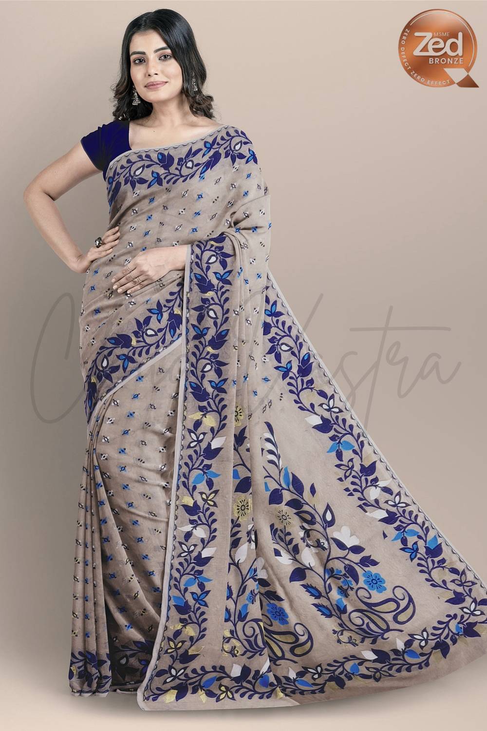 cloud vastra Woven Jamdani Cotton Blend Saree (Beige)