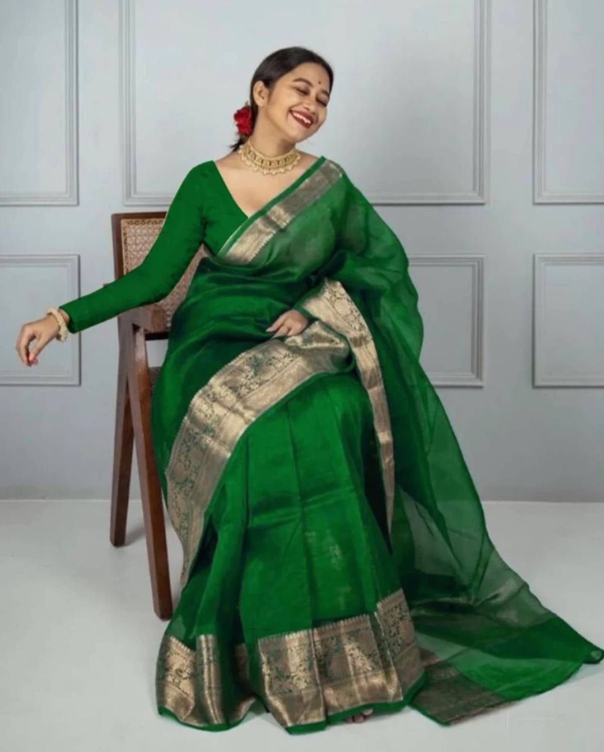 Banaras silk palace Woven, Dyed Banarasi Organza Saree (Green)