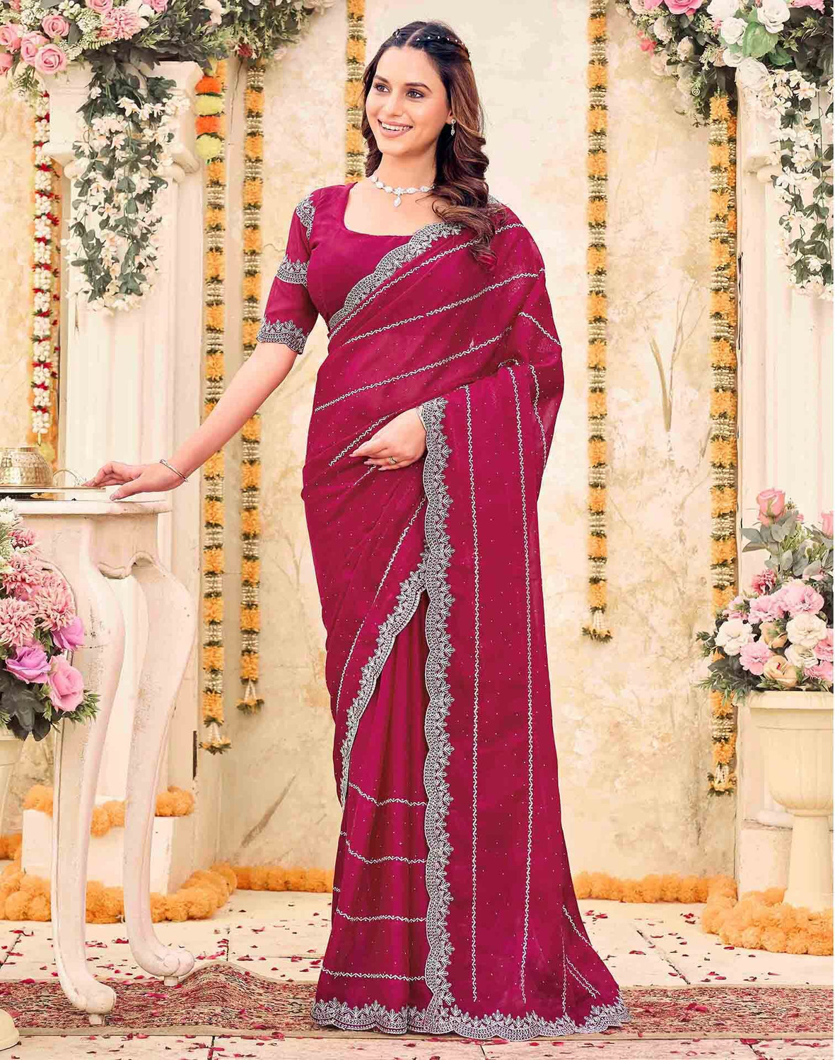 Image of Satrani Embroidered, Embellished Daily Wear Georgette Saree (Pink)