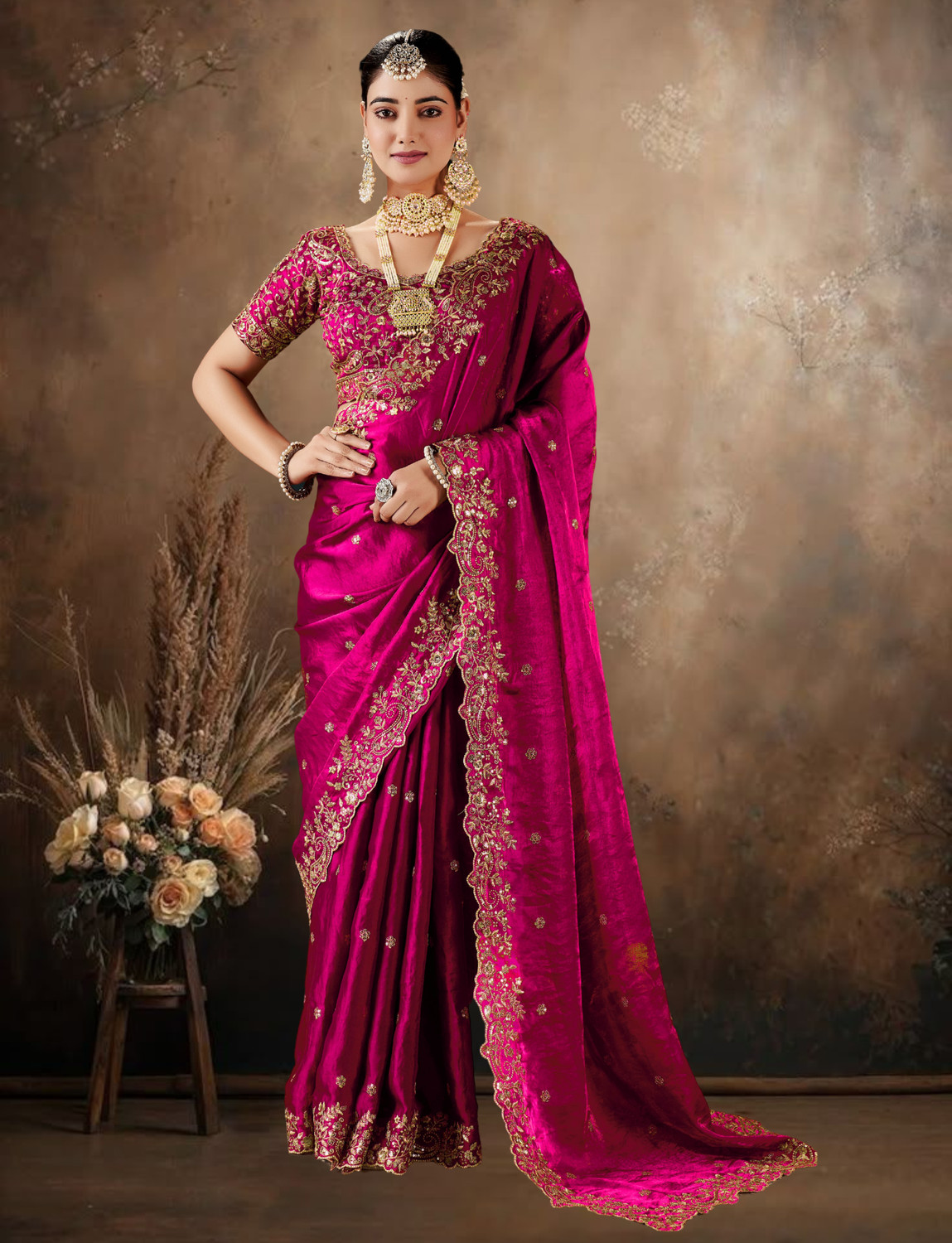 Image of DESTY Embroidered, Embellished, Floral Print Bollywood Jimmy Jimmy, Tussar Silk Saree