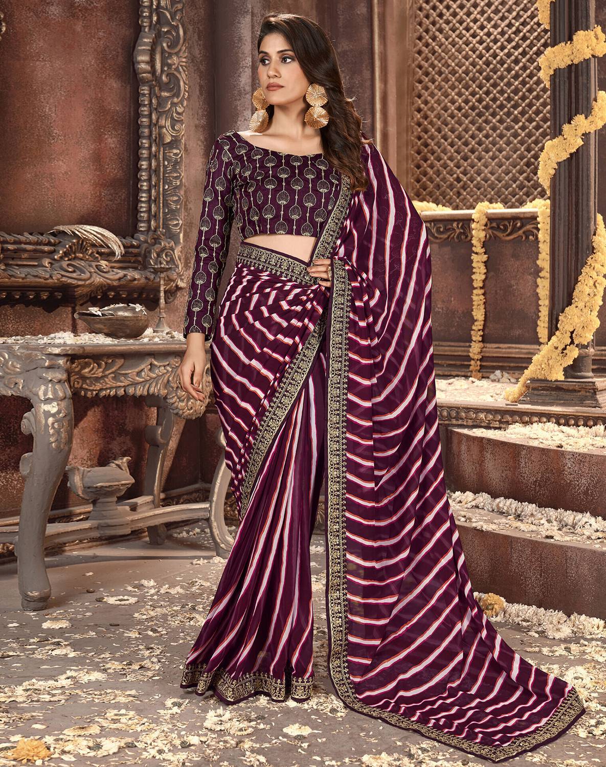 Siril Striped, Embellished Bandhani Georgette Saree (Purple, Whit