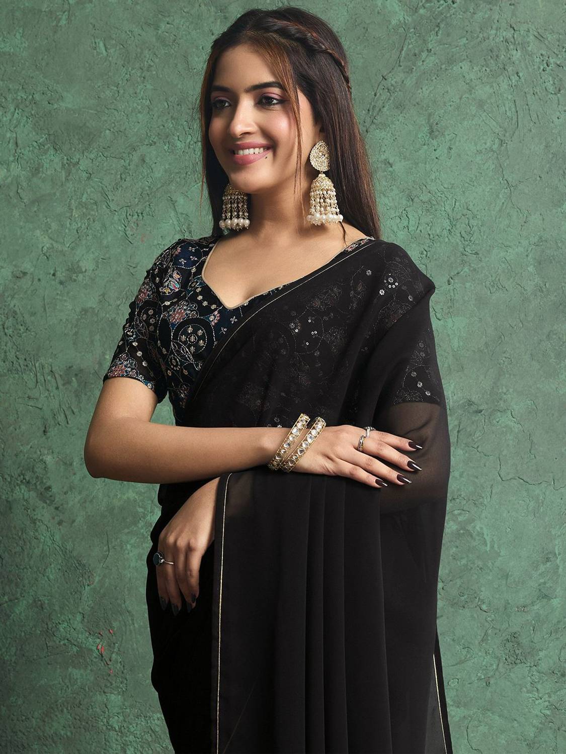 all about you Solid/Plain Saree with Attached Blouse Georgette Saree