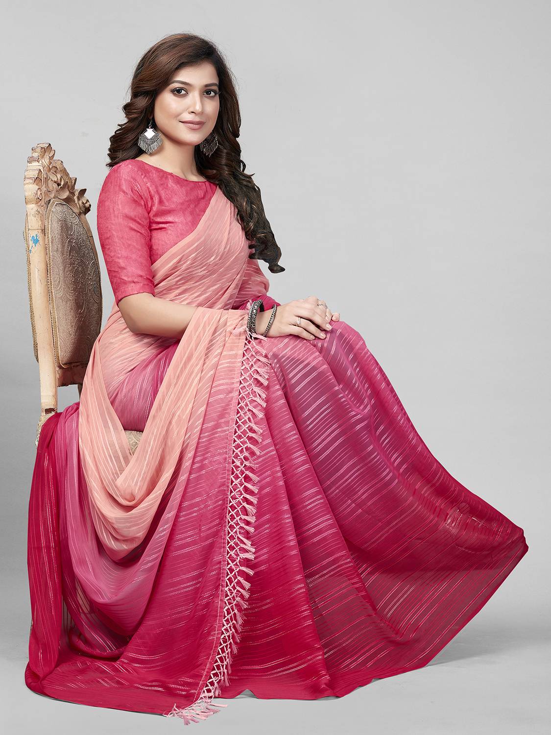 Hirvanti Fashion Striped Bollywood Silk Blend Saree (Pink)