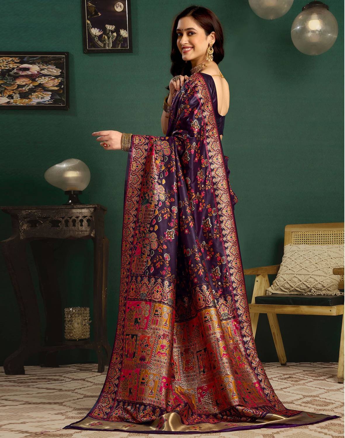 Satrani Woven Banarasi Silk Saree Purple - Image 2