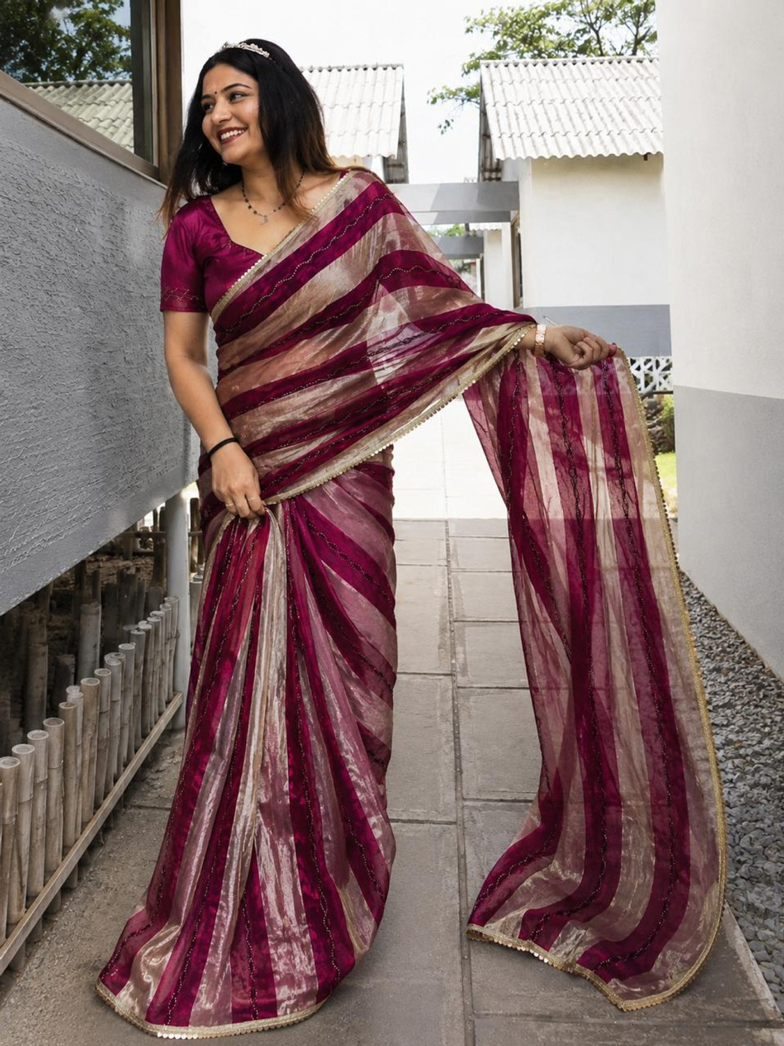 Image of sadala culture Striped, Woven, Self Design Bollywood Tissue Saree