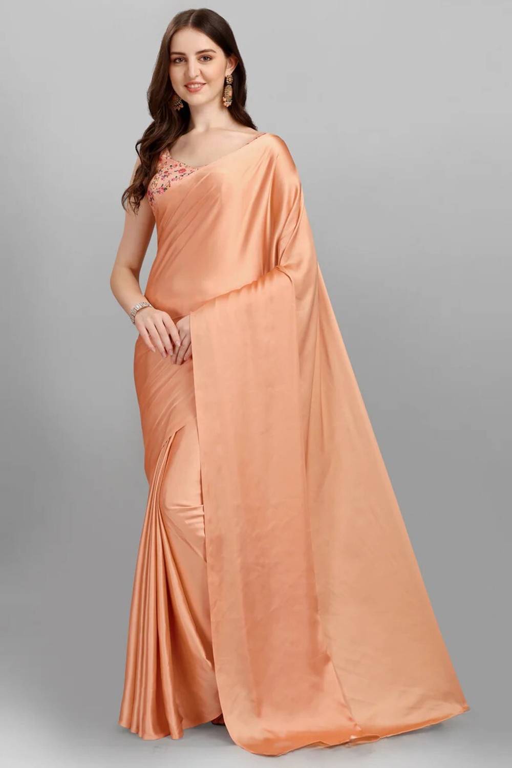 Bondia Solid/Plain Bollywood Satin Saree