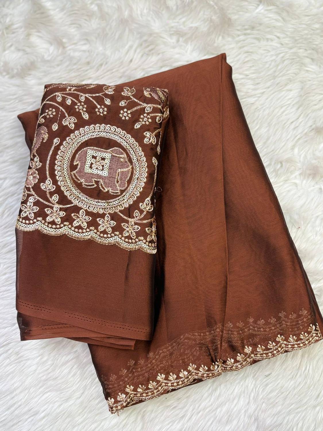 SHRIMORI Silk Blend Bollywood Saree Brown - Image 1