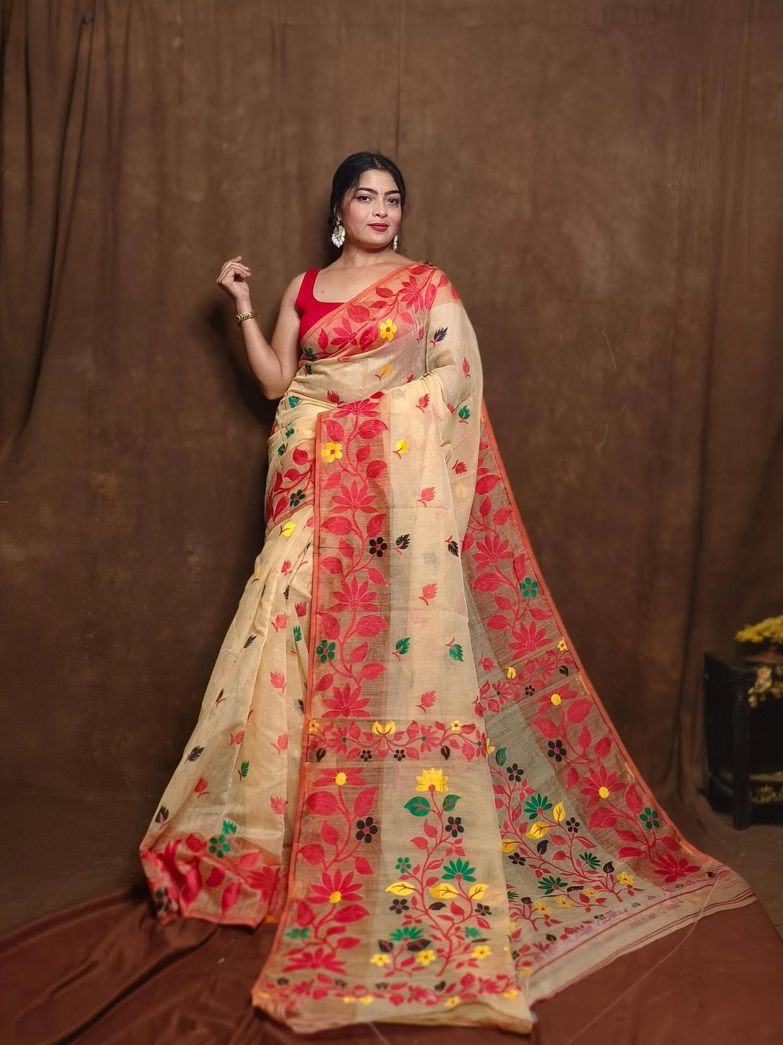 Image of UR Affection Embroidered Jamdani Cotton Silk Saree