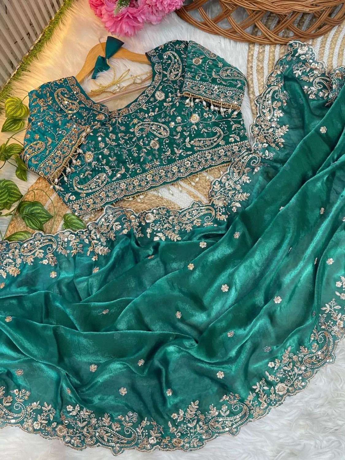 Image of ETHNORA Embroidered, Embellished Bollywood Jimmy Jimmy, Pure Silk Saree (Green)
