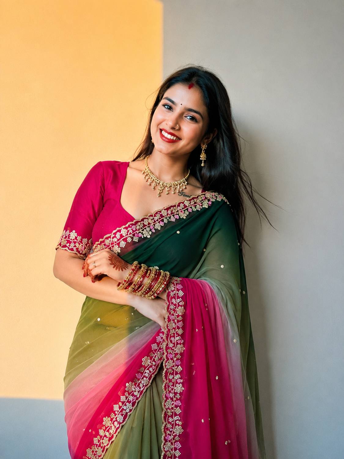 MEWAD KEASRI CREATION Ombre Embellished Georgette Saree - Image 2