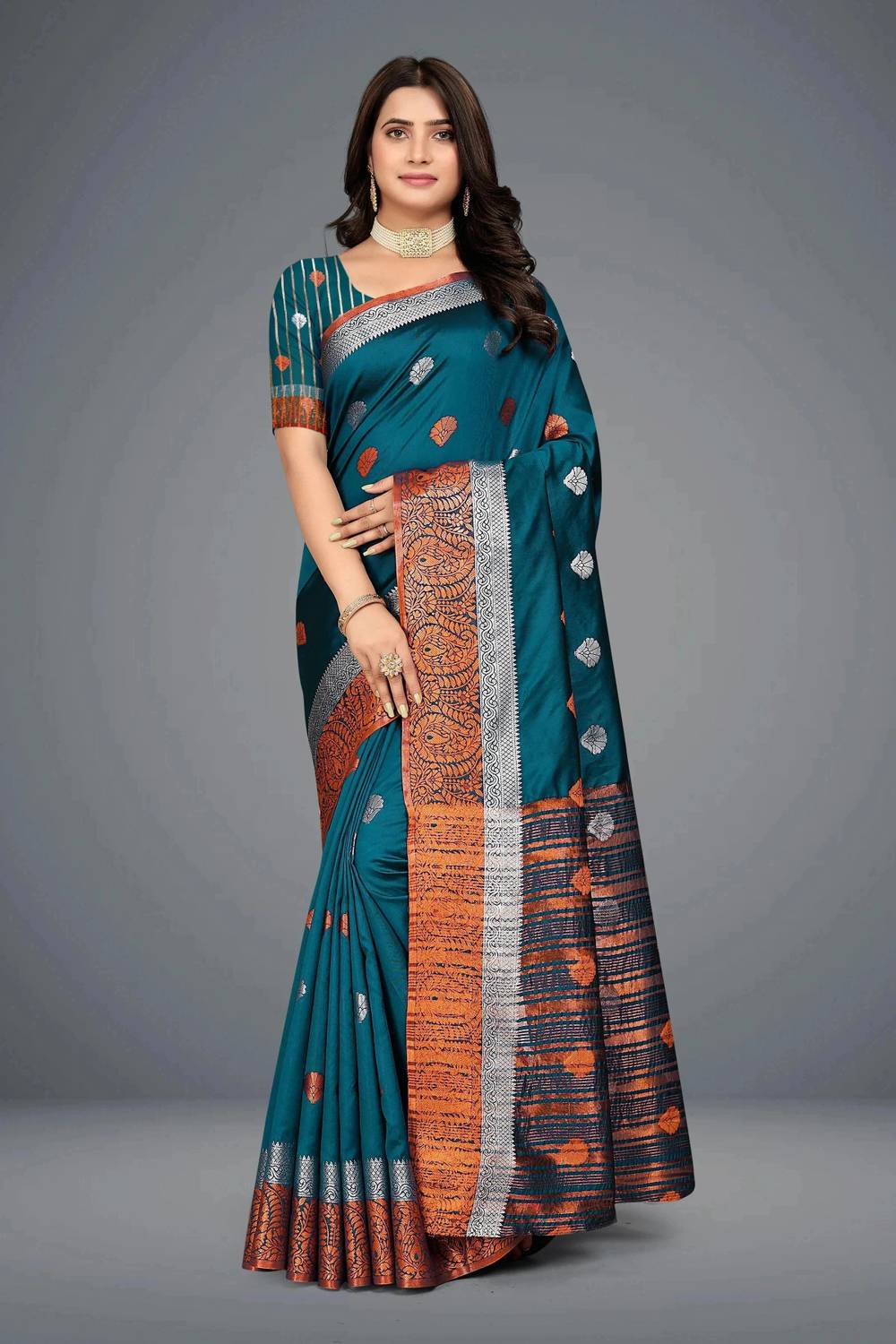Shaibo saree Woven Daily Wear Cotton Silk Saree (Dark Green)
