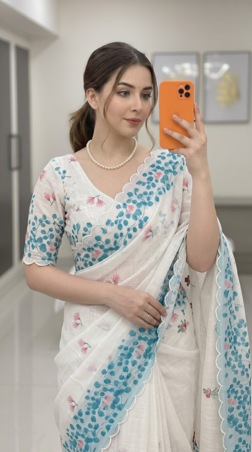 Image of parakhiya fab Floral Print Kota Doria Cotton Linen Saree