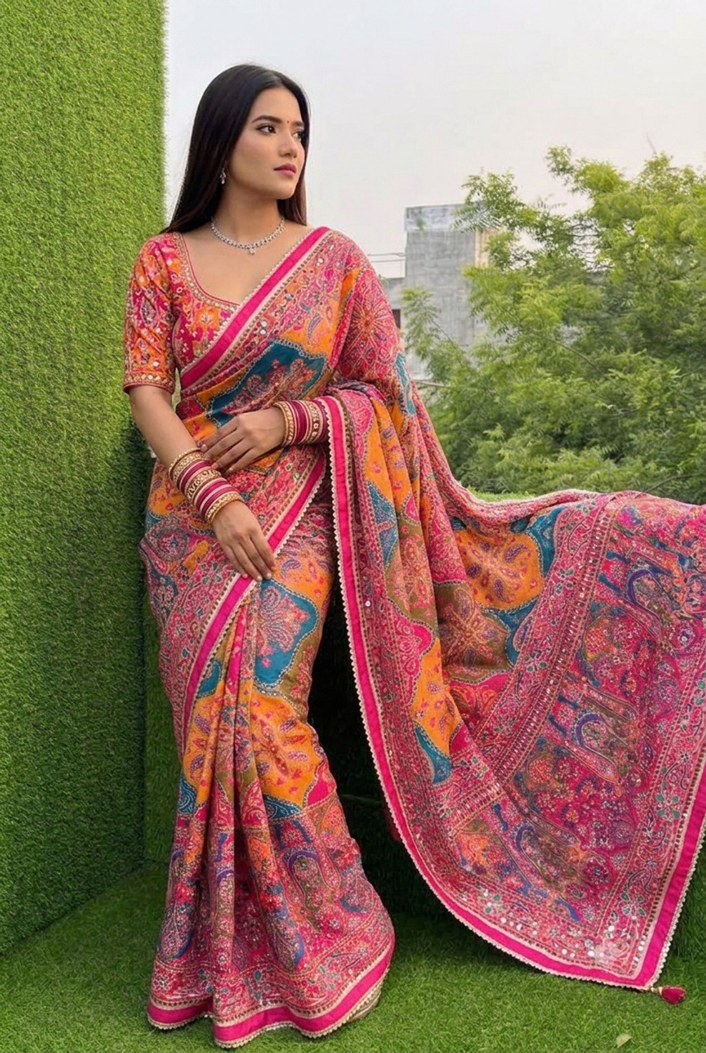Image of SLERIX Printed Banarasi Crepe Saree (Multicolor)