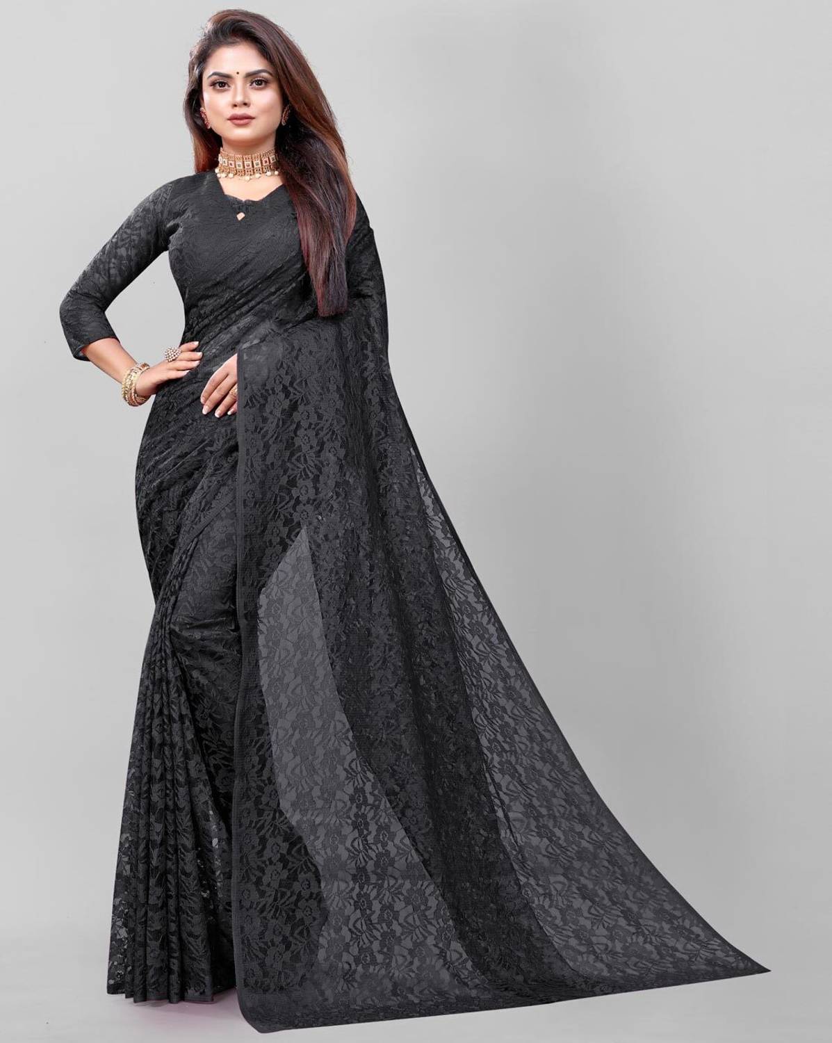 Cherry tex Floral Print Bollywood Net Saree