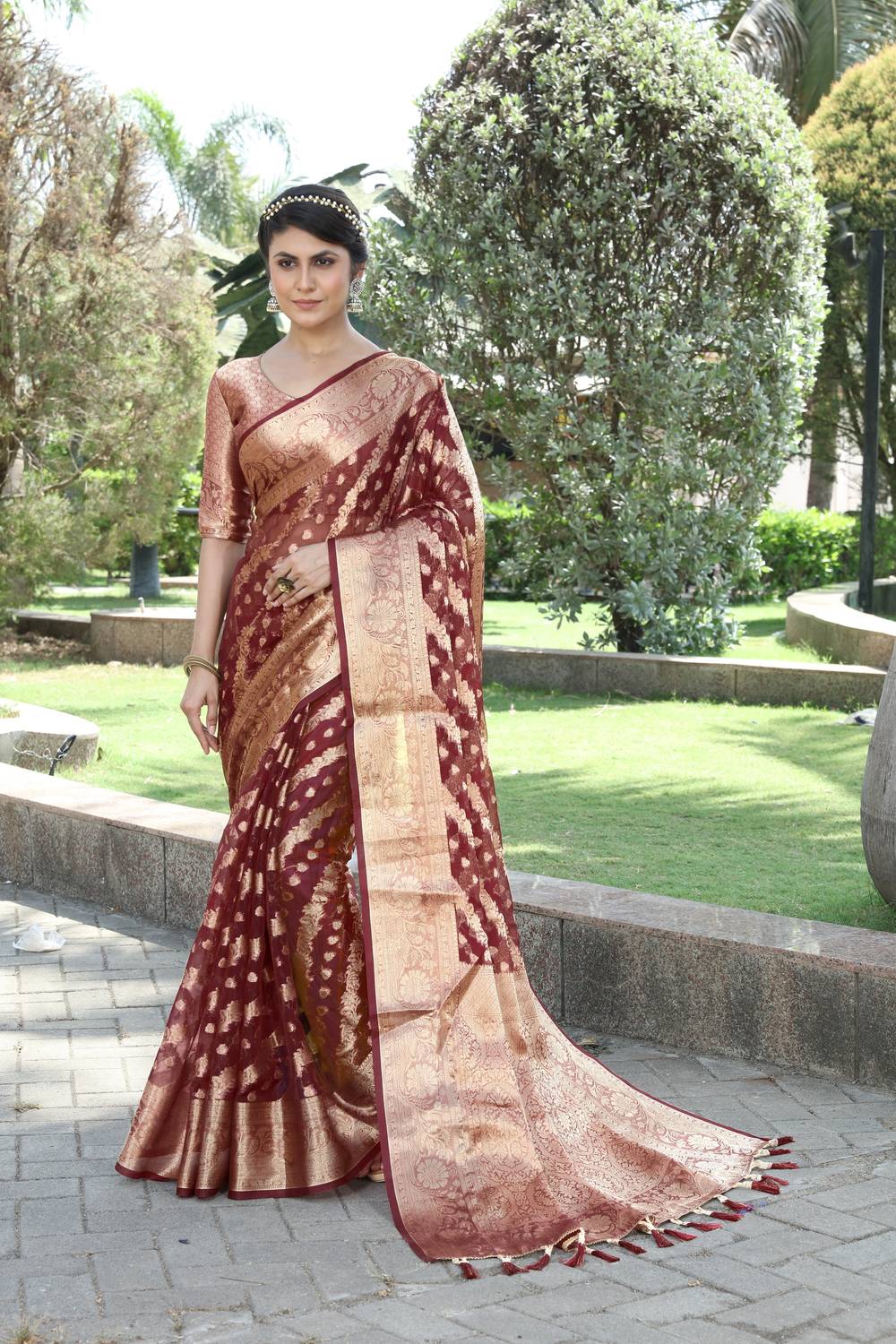 FINE WEAR Self Design Kanjivaram Organza Saree (Multicolor)