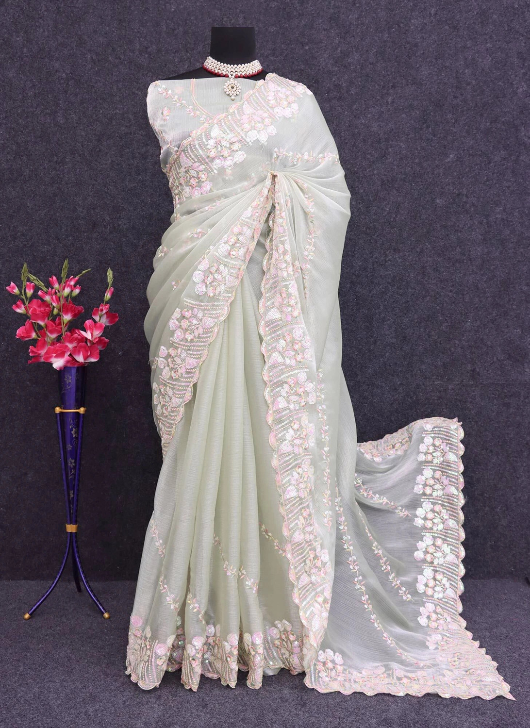 Image of Dimgrey Embroidered Bollywood Organza Saree