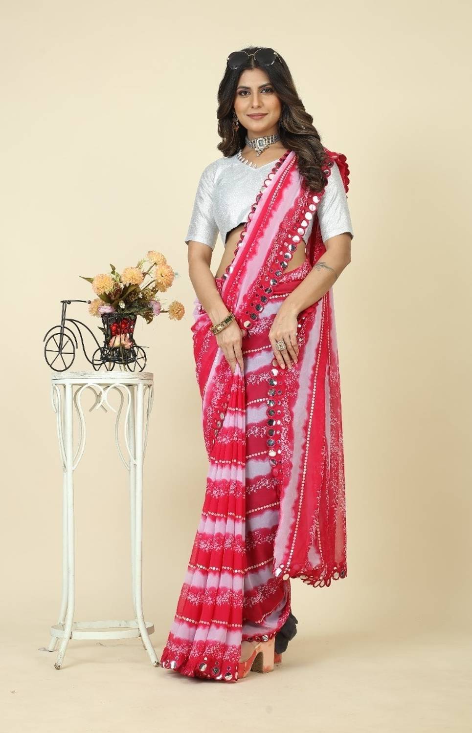 GAVUBAA Floral Print Bollywood Georgette Saree (Magenta)